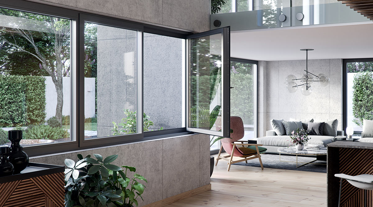 Duże okna w salonie - Aluhaus Miru Hidden